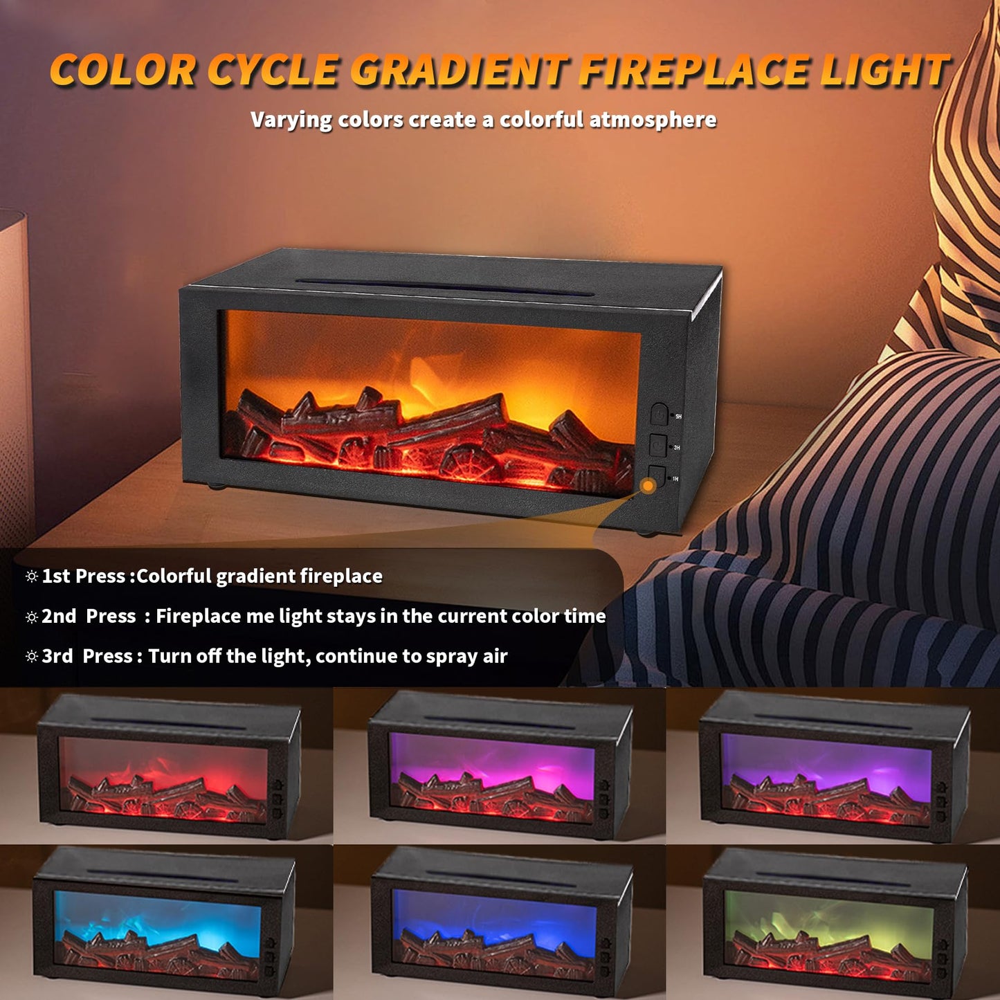 BOHOFAM Fireplace Essential Oil Diffuser 300ML | 14-Hour Run Time | Colorful Flame (Black) - Hotel Collection Oils Included