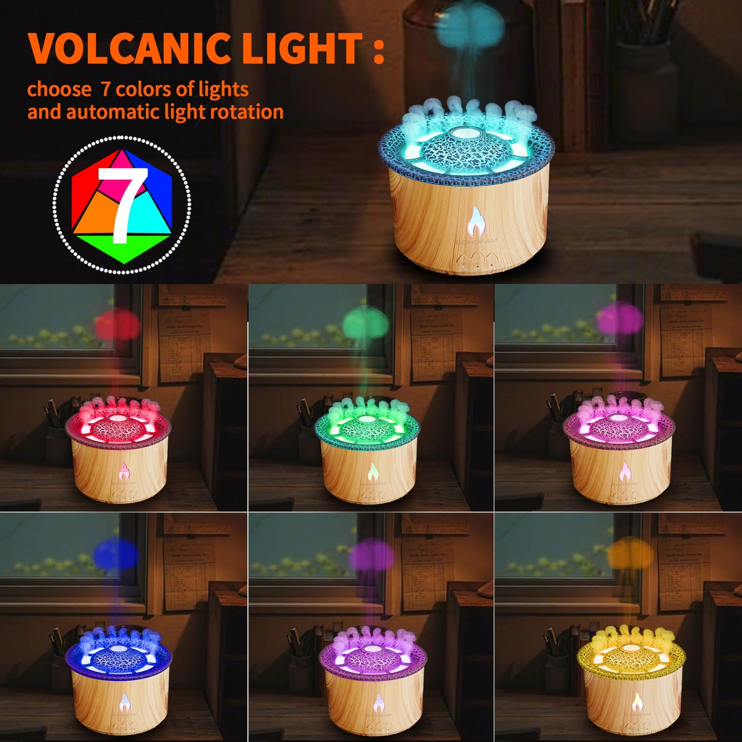 BOHOFAM Aroma Essential Oil Diffuser 360ML – Volcano & Flame Modes, 7-Color Lights, Large Room Humidifier