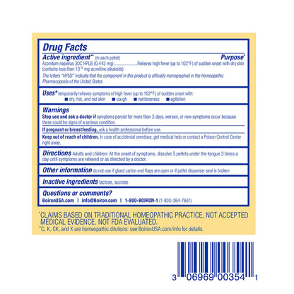 Boiron Aconitum Napellus 30C – Fever Relief Pellets, 240 Count (3 Tubes)