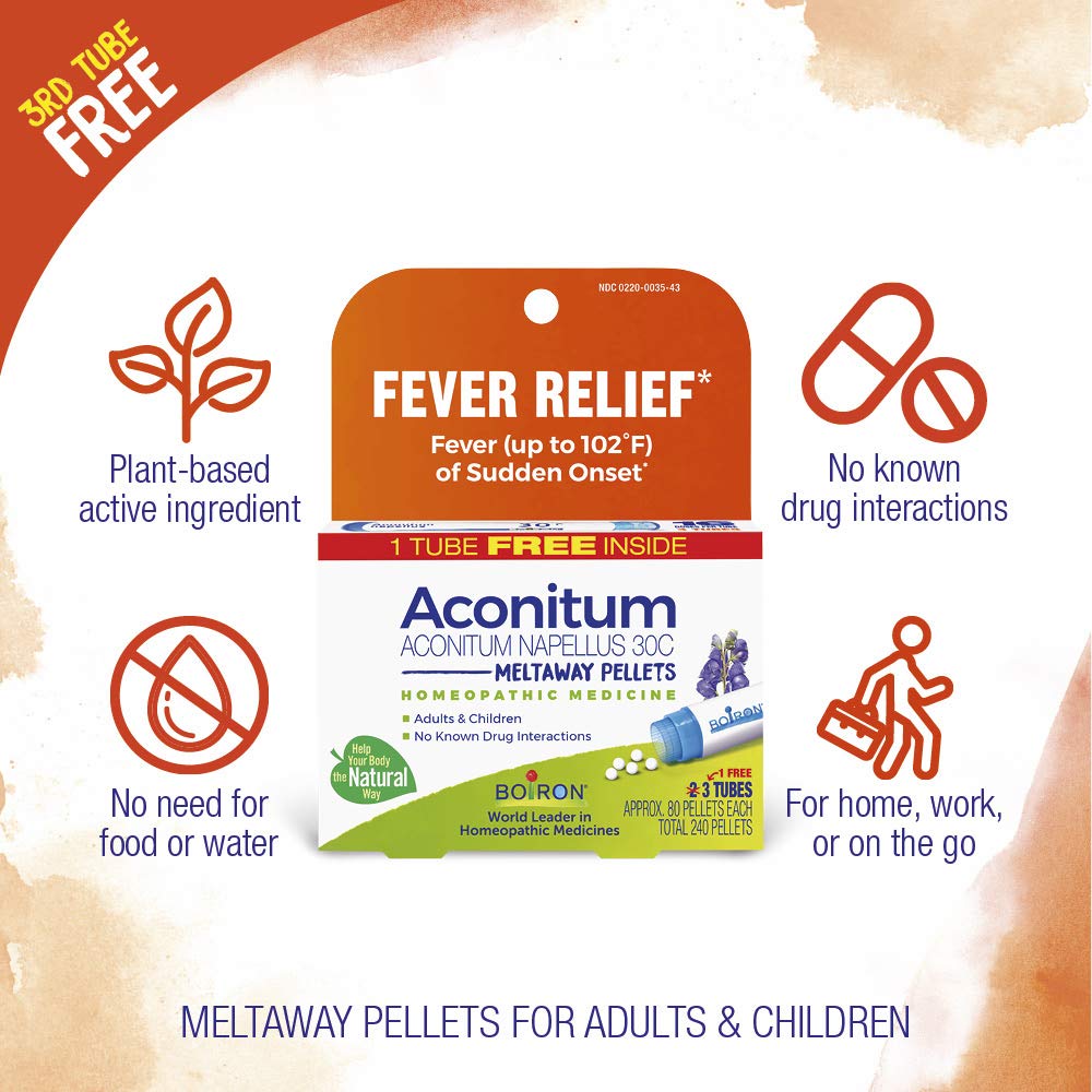 Boiron Aconitum Napellus 30C – Fever Relief Pellets, 240 Count (3 Tubes)