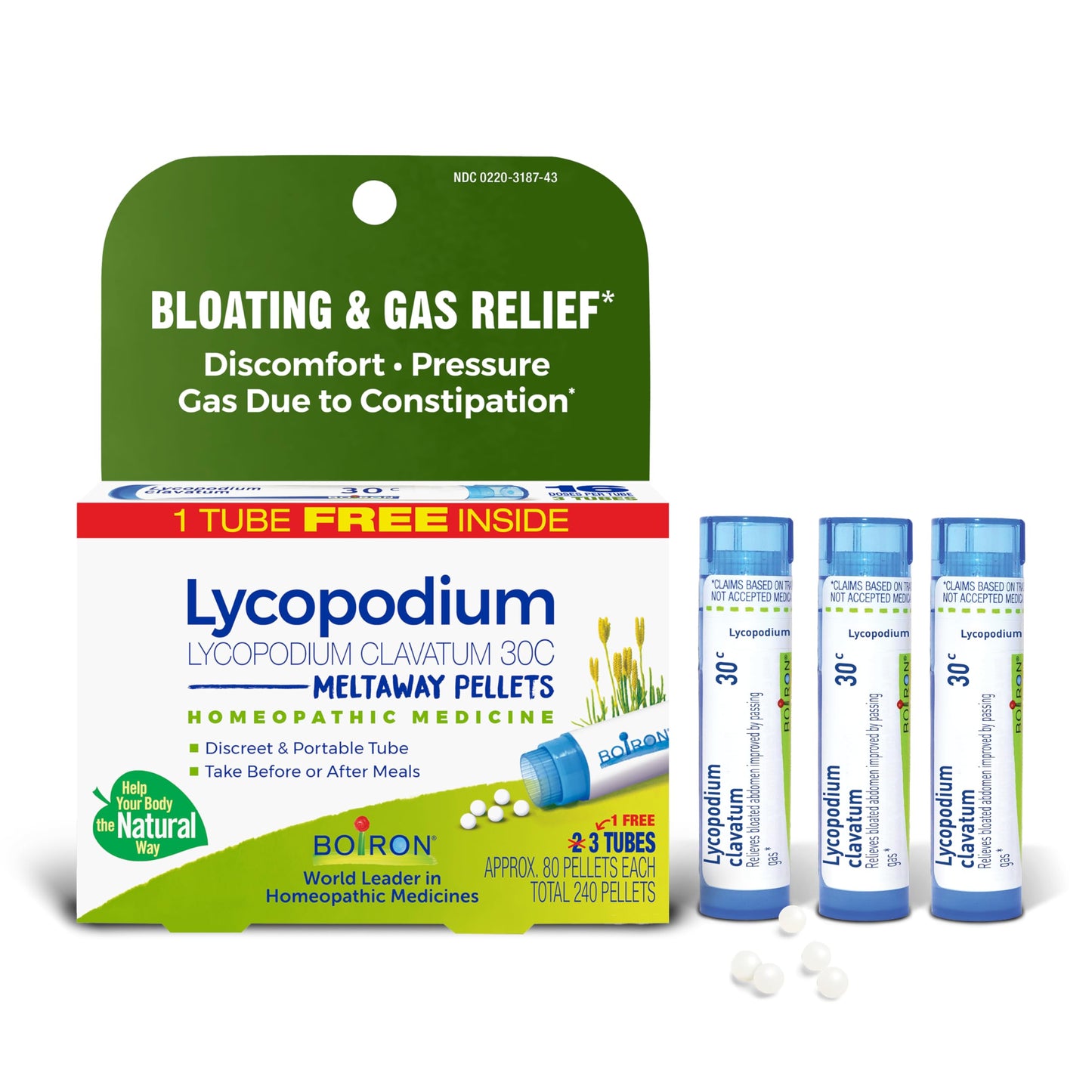 Boiron Lycopodium Clavatum 30C Pellets for Gas & Bloating – 240 Pellets in 3 Tubes
