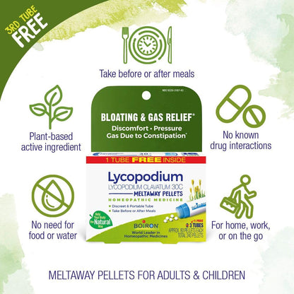 Boiron Lycopodium Clavatum 30C Pellets for Gas & Bloating – 240 Pellets in 3 Tubes