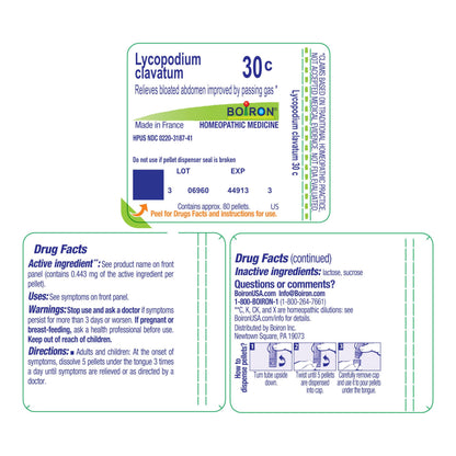 Boiron Lycopodium Clavatum 30C Homeopathic Medicine for Bloating & Gas - 80 Pellets
