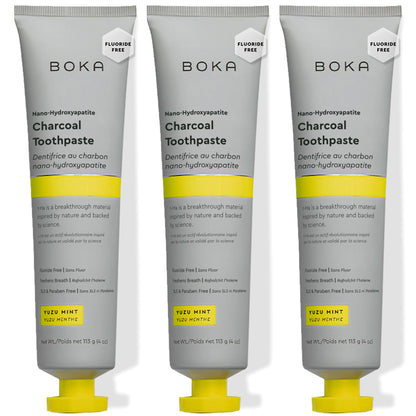 Boka Fluoride Free Toothpaste with Nano-Hydroxyapatite – Charcoal Yuzu Mint, 4 oz 3-Pack