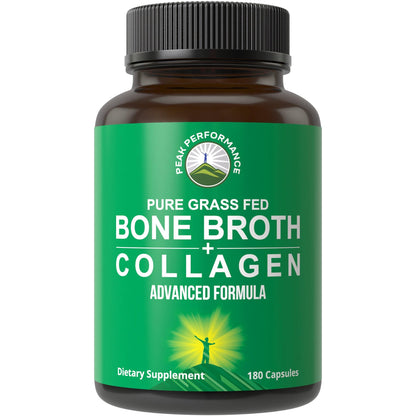 Peak Performance Bone Broth Collagen Capsules — Grass-Fed, All 3 Types (I, II, III) | 180 Pasture-Raised, Paleo-Friendly