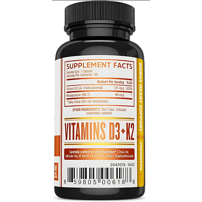 ZHOU D3 + K2 & Thyroid Support Bundle | Vitamin D3 5000 IU, MK-7, Zinc, Iodine & Selenium | 120 Capsules
