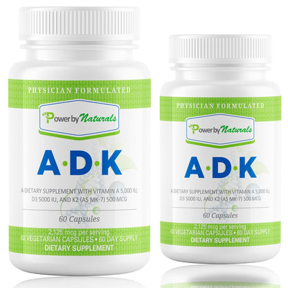 Power By Naturals ADK Vitamin Supplement: Vitamin A, D3 5000 IU, and Vitamin K2 MK-7 for Bone Health | Pack of 2 (60 Capsules Each)