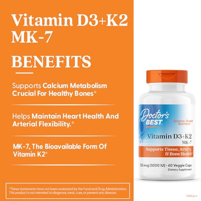 Doctor's Best Vitamin D3 + K2 MK-7 – Supports Bone, Tissue & Arterial Health, 5000 IU, 60 Veggie Caps