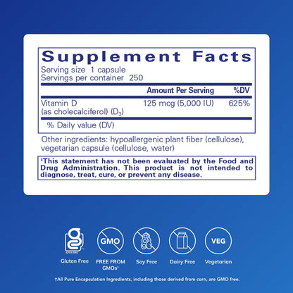 Pure Encapsulations Vitamin D3 125 mcg (5,000 IU) – Bone, Immune & Heart Health – 250 Capsules