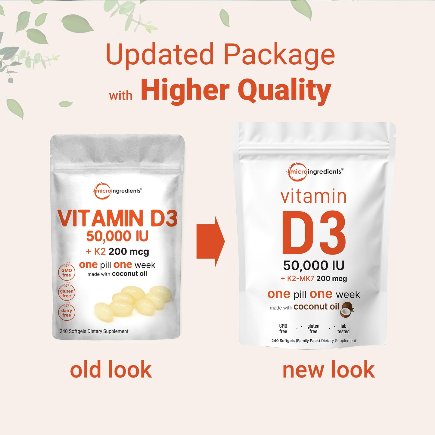 Micro Ingredients Vitamin D3 50,000 IU + K2 MK-7 200 mcg | 240 Softgels | Non-GMO