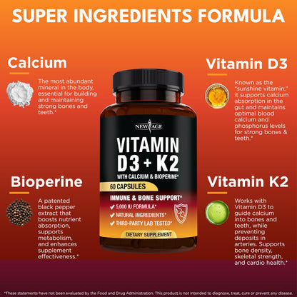 Vitamin D3 5,000 IU + K2 MK-7 100 mcg - 60 Capsules | Bone, Immune & Heart Support - Vegan & Non-GMO
