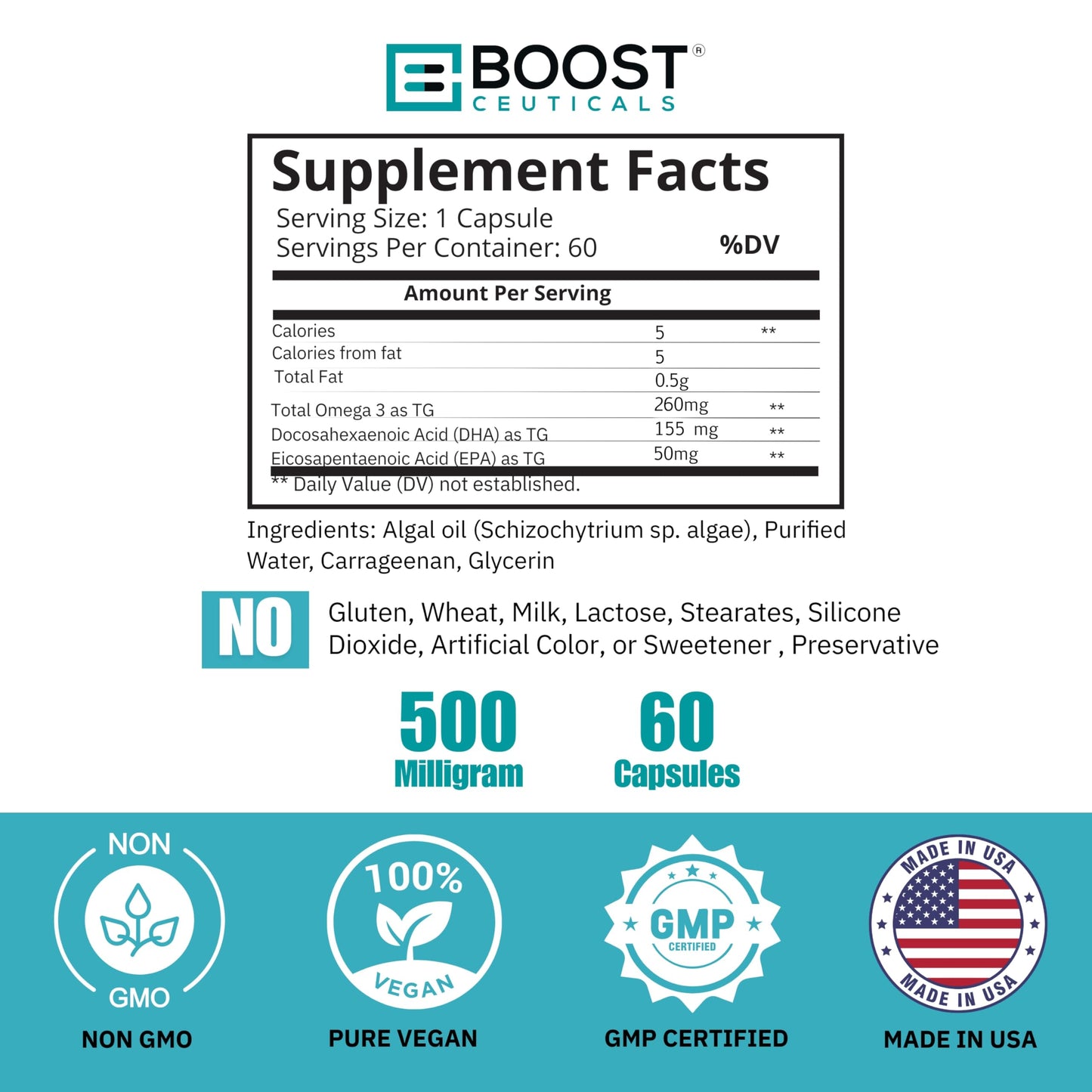BoostCeuticals Vegan Omega 3 Supplement 500mg DHA EPA Vegan Softgels - No Stearates Non GMO Gluten Free | 60 Ct Heart and Brain Health