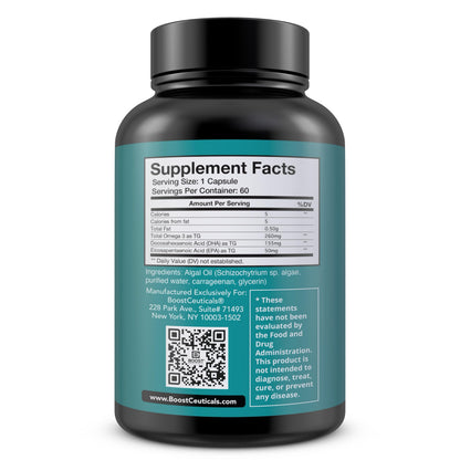 BoostCeuticals Vegan Omega 3 Supplement 500mg DHA EPA Vegan Softgels - No Stearates Non GMO Gluten Free | 60 Ct Heart and Brain Health