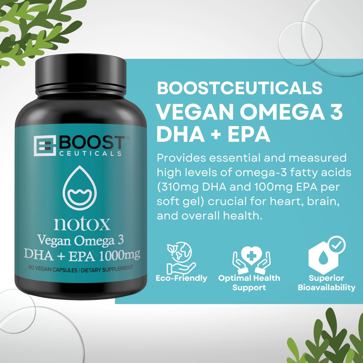 BoostCeuticals Vegan Omega-3 1000mg | Plant-Based Algae, Non-GMO, Gluten Free | 60 Ct