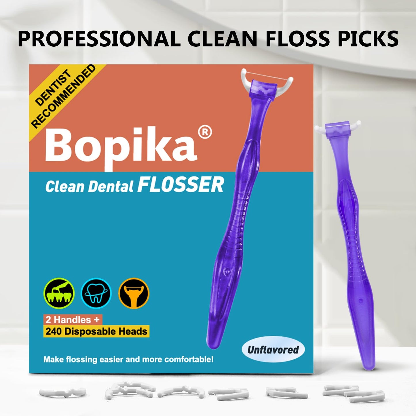 Bopika Dental Floss - Extra Strength Floss with 2 Handles & 240 Refills | Snap-On Flosser Kit