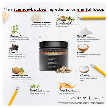 Formulation Factory Boss Mode 10-in-1 Nootropic – Focus & Memory Boost (2 Pack)