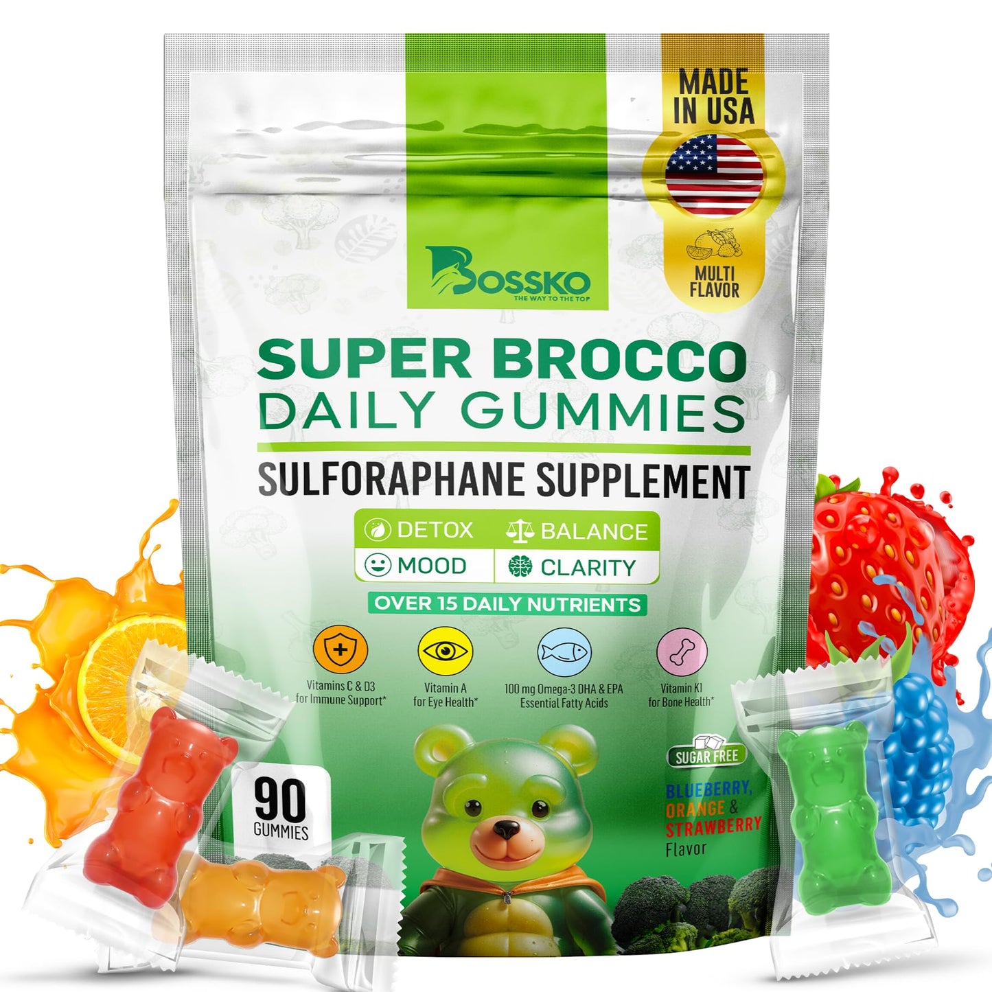 Bossko Sulforaphane Gummies with Omega-3 – Vegan Sugar-Free, 90 Gummies | Broccoli Sprout Extract + EPA/DHA