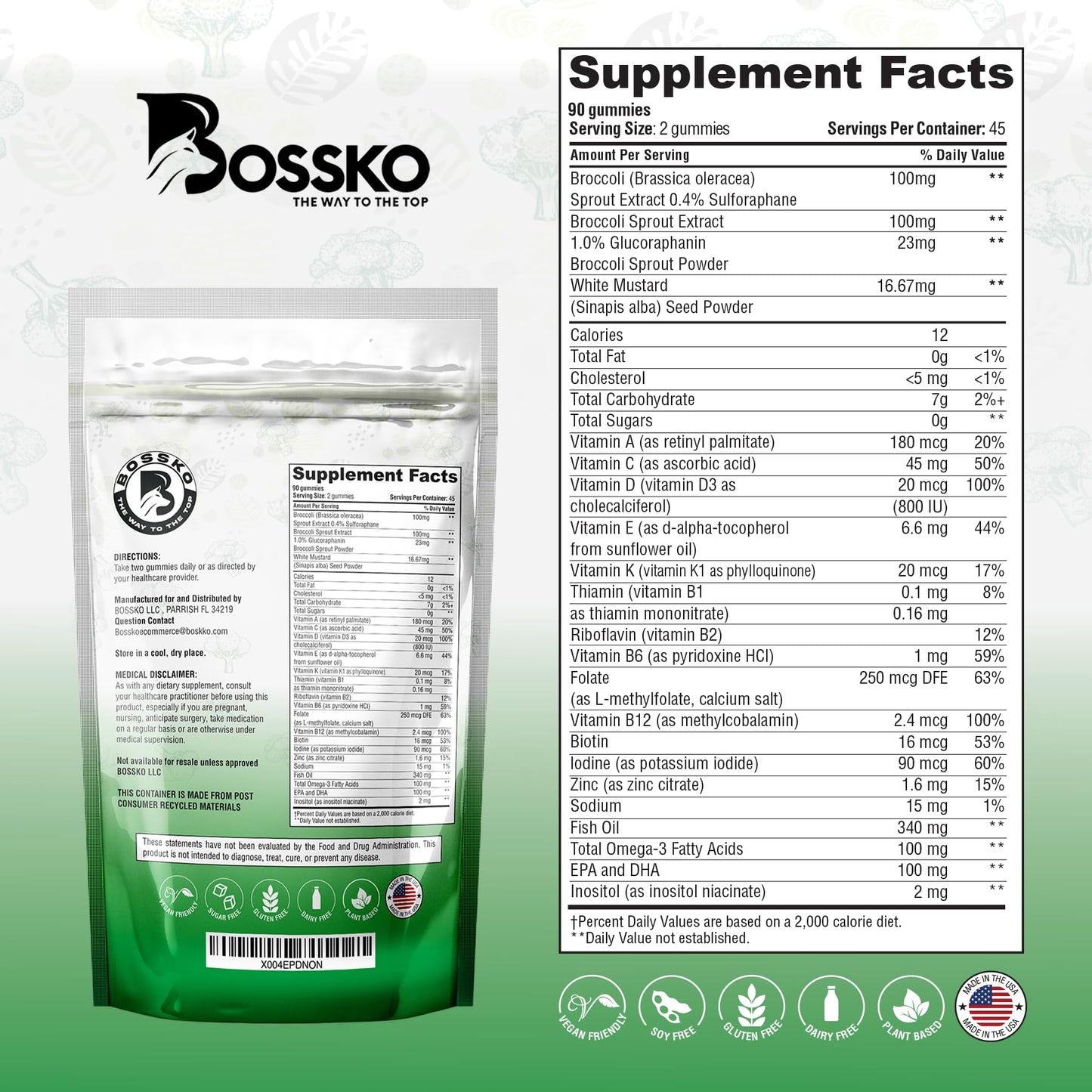Bossko Sulforaphane Gummies with Omega-3 – Vegan Sugar-Free, 90 Gummies | Broccoli Sprout Extract + EPA/DHA