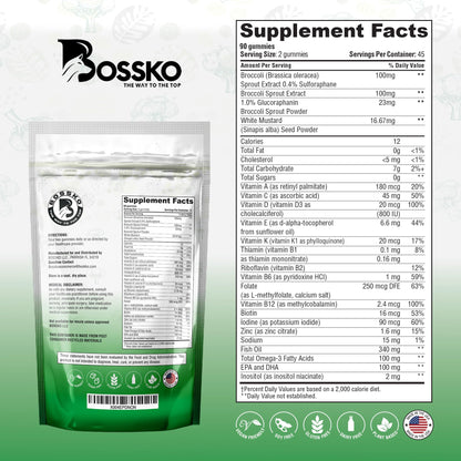 Bossko Sulforaphane Gummies with Omega-3 – Vegan Sugar-Free, 90 Gummies | Broccoli Sprout Extract + EPA/DHA