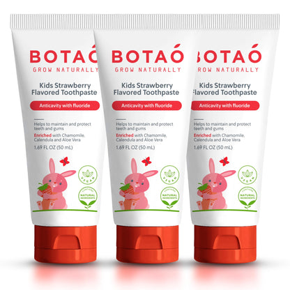 BOTAO Kids Toothpaste | Natural Strawberry Flavored Anticavity Fluoride Toothpaste Maximum Cavity Protection| EWG Verified, Vegan, SLS Free, Safe to Swallow, Aloe Vera (3Pack)