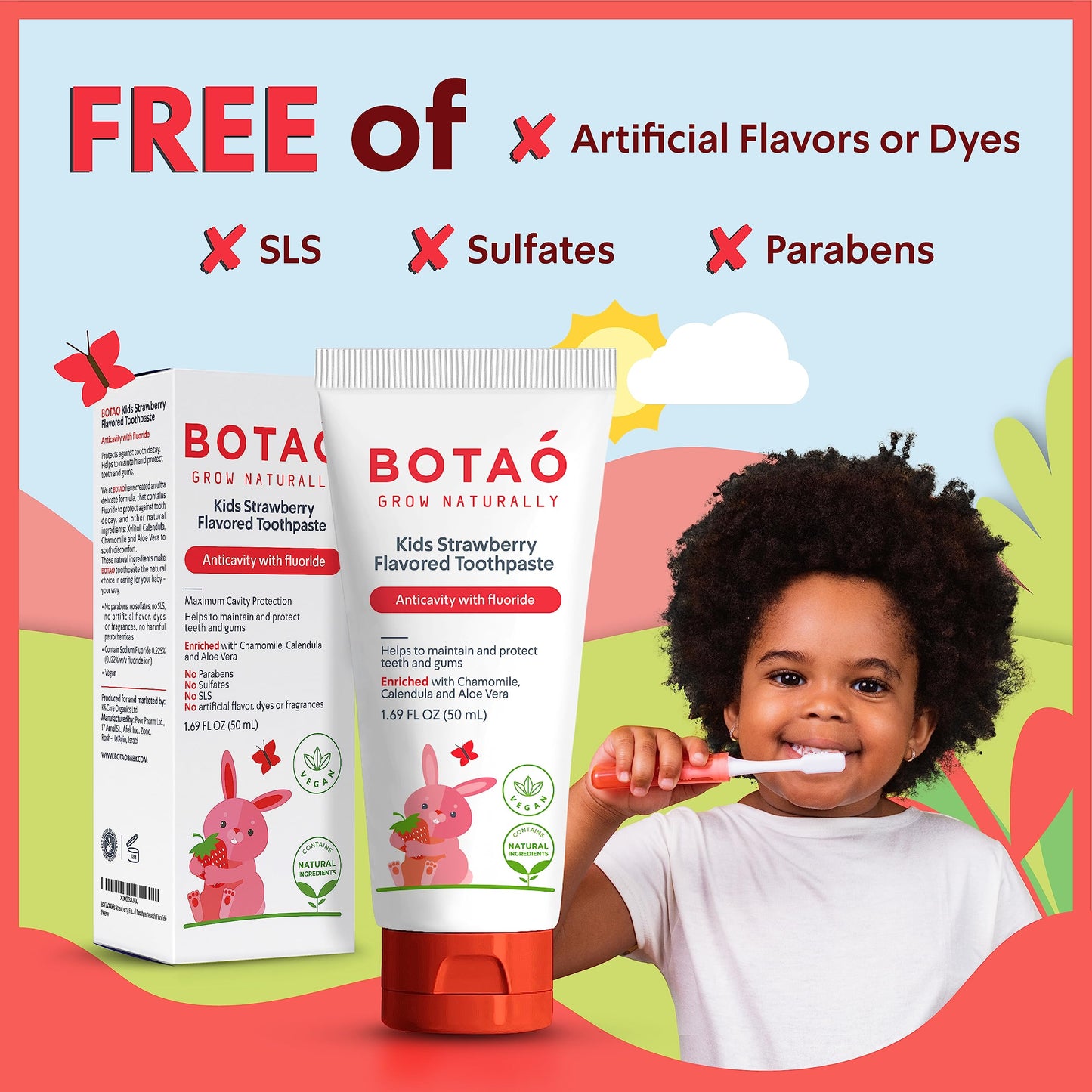 BOTAO Kids Toothpaste | Natural Strawberry Flavored Anticavity Fluoride Toothpaste Maximum Cavity Protection| EWG Verified, Vegan, SLS Free, Safe to Swallow, Aloe Vera (3Pack)