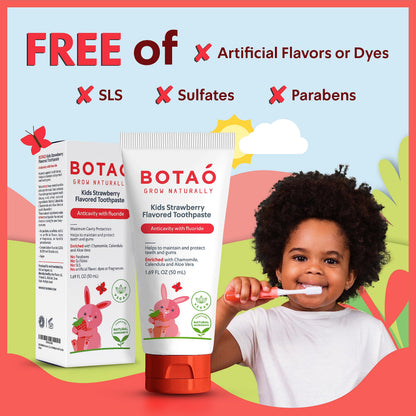 BOTAO Kids Toothpaste | Natural Strawberry Flavored Anticavity Fluoride Toothpaste Maximum Cavity Protection| EWG Verified, Vegan, SLS Free, Safe to Swallow, Aloe Vera (3Pack)
