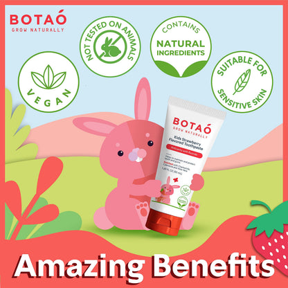 BOTAO Kids Toothpaste | Natural Strawberry Flavored Anticavity Fluoride Toothpaste Maximum Cavity Protection| EWG Verified, Vegan, SLS Free, Safe to Swallow, Aloe Vera (3Pack)