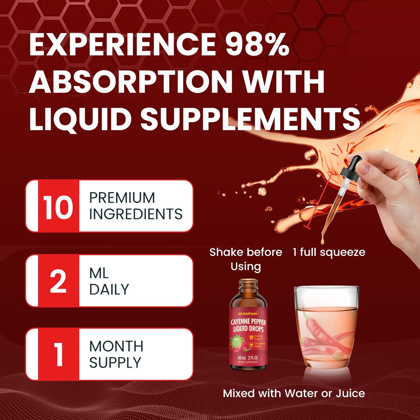 Cayenne Pepper Liquid Drops with Hawthorn, Turmeric Curcumin, Vitamin D3 K2 - 2 fl oz
