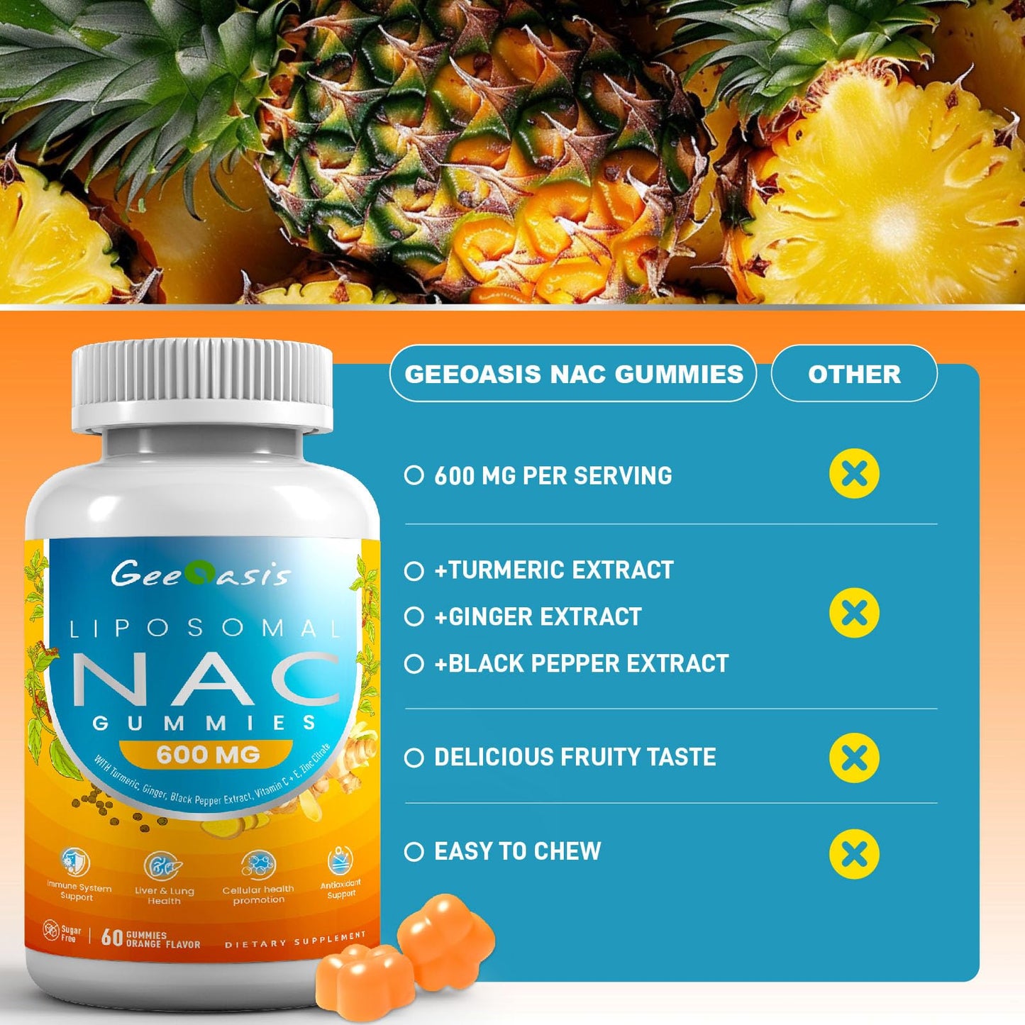 Liposomal NAC Gummies 600mg | NAC Supplement for Immunity, Liver & Lung Health | Sugar-Free Pineapple, 60 Count