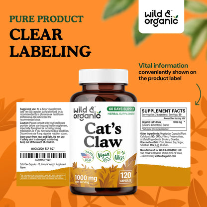 Wild & Organic Cat's Claw Capsules 1000 mg – 60 Day Immune Support