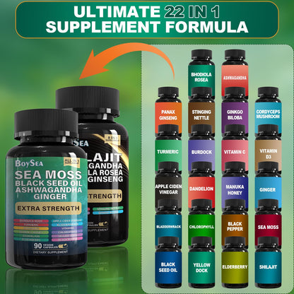 Boysea Shilajit & Sea Moss Bundle – 90 Count | All-in-1 Capsules with Shilajit, Sea Moss, Ashwagandha, Ginger & Rhodiola