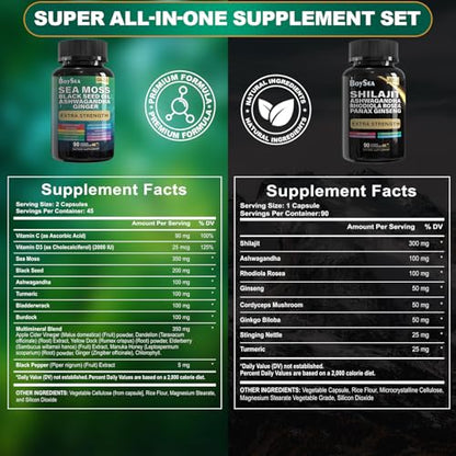 Boysea Shilajit & Sea Moss Bundle – 90 Count | All-in-1 Capsules with Shilajit, Sea Moss, Ashwagandha, Ginger & Rhodiola