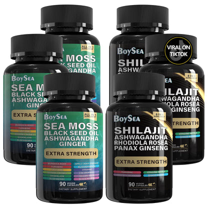 Boysea Shilajit & Sea Moss Bundle – 90 Count | All-in-1 Capsules with Shilajit, Sea Moss, Ashwagandha, Ginger & Rhodiola