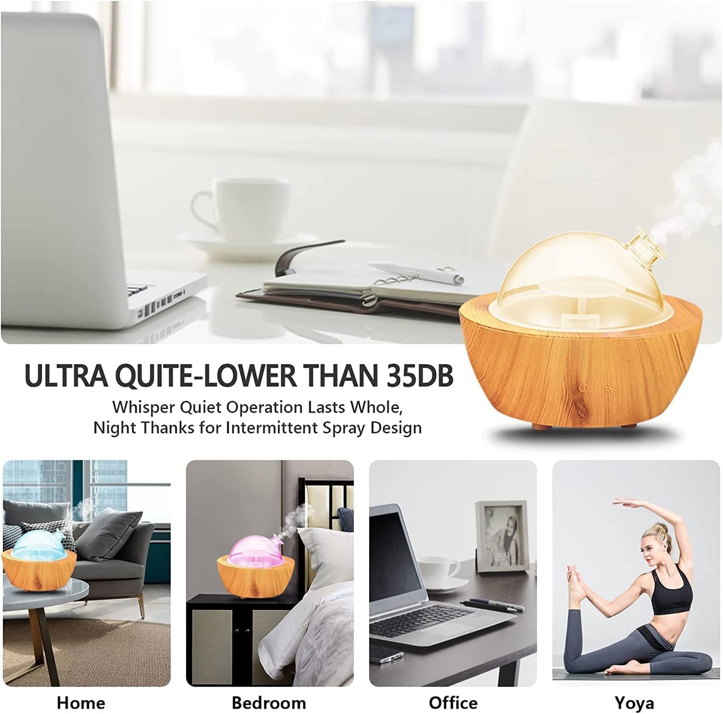 280ml Glass Essential Oil Diffuser – Wood Grain Base | Auto Shut-Off | 7-Color LED Lights