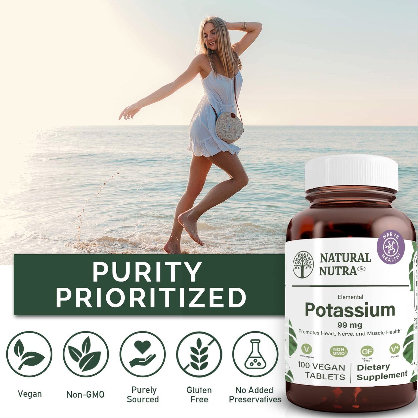 Natural Nutra Elemental Potassium Gluconate 99 mg – Dietary Supplement, 100 Vegan Tablets