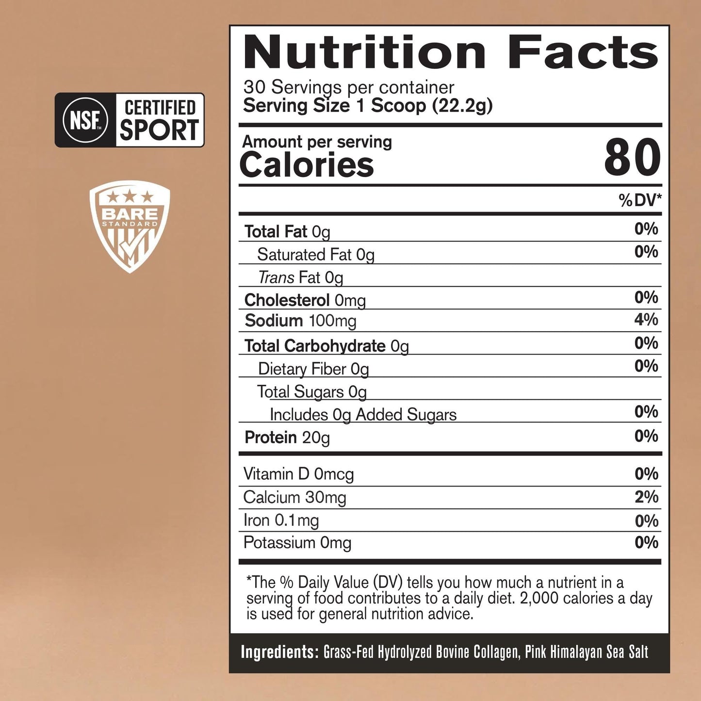 BARE PERFORMANCE NUTRITION Collagen Protein – Grass-Fed Bovine Peptides, Unflavored, 30 Servings