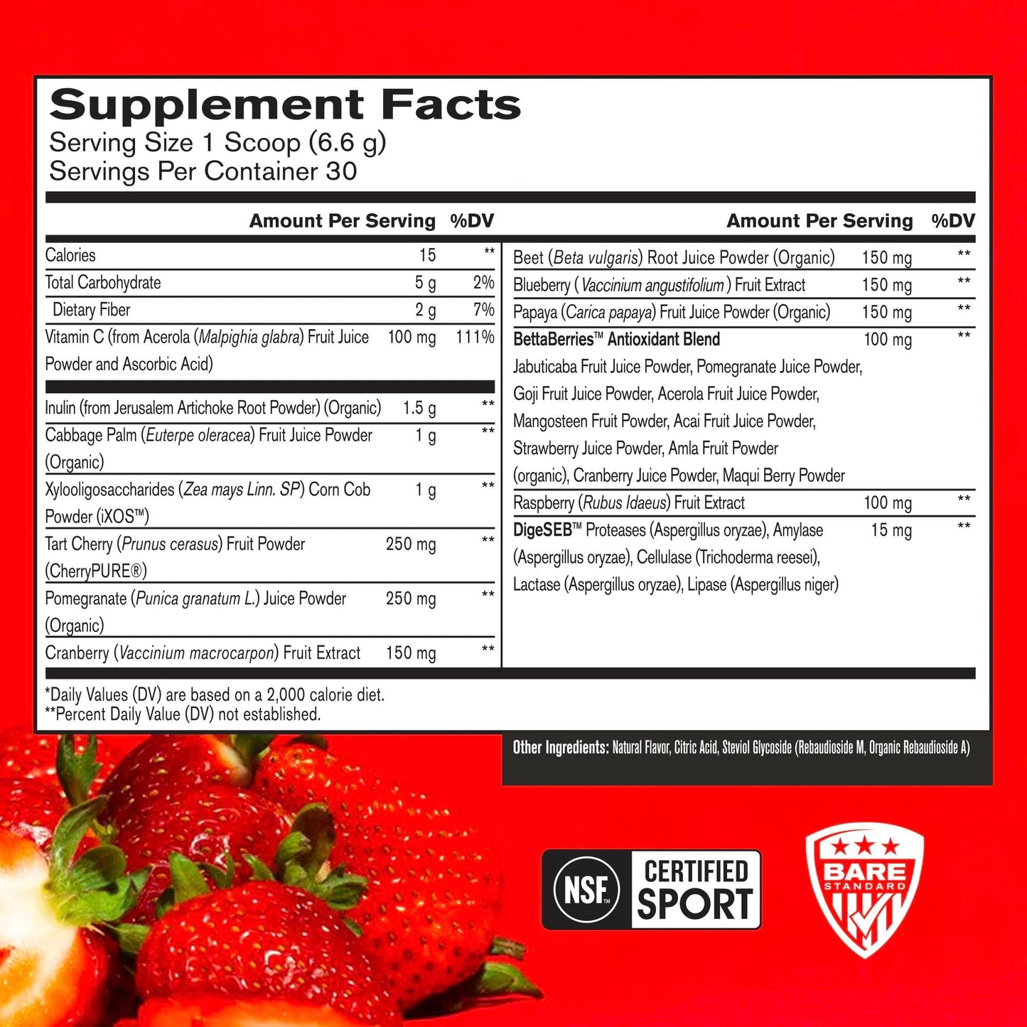 BARE PERFORMANCE NUTRITION Strong Reds Superfood Powder - Strawberry, 30 Servings