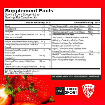 BARE PERFORMANCE NUTRITION Strong Reds Superfood Powder - Strawberry, 30 Servings