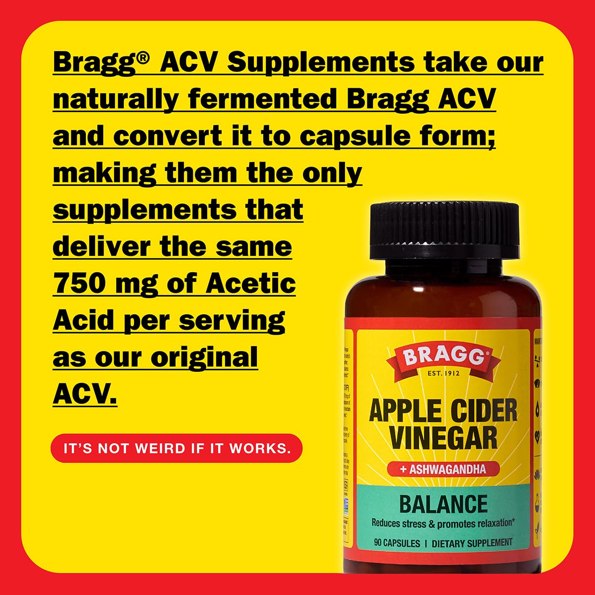 Bragg Daily Balance ACV + Sensoril Ashwagandha Capsules - 750mg Acetic Acid, 90 Pills
