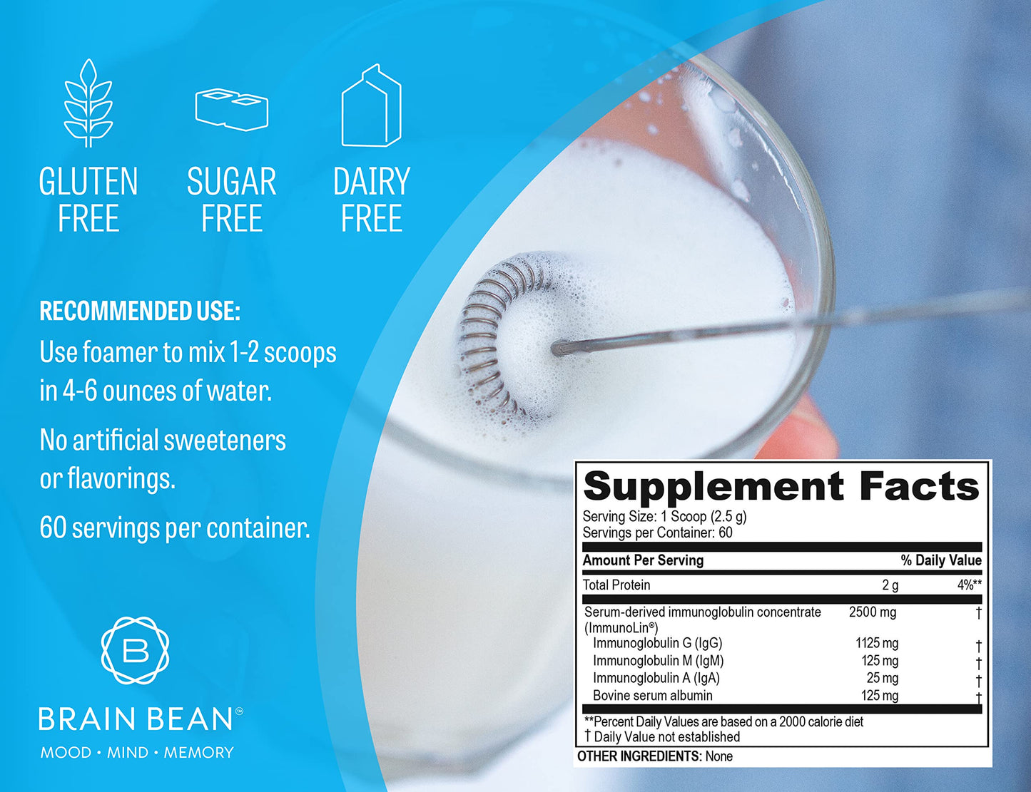 Brain Basics Ultra Pure IgG Supplement – Dairy-Free IgG-Immunolin Powder, 150g, 60 Servings
