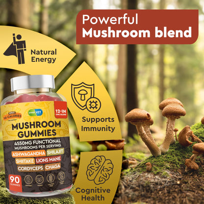 12in1 Mushroom Gummies 4550mg with Ashwagandha & Shilajit – Sugar Free, 90 Count (45 Servings) | Energy & Focus