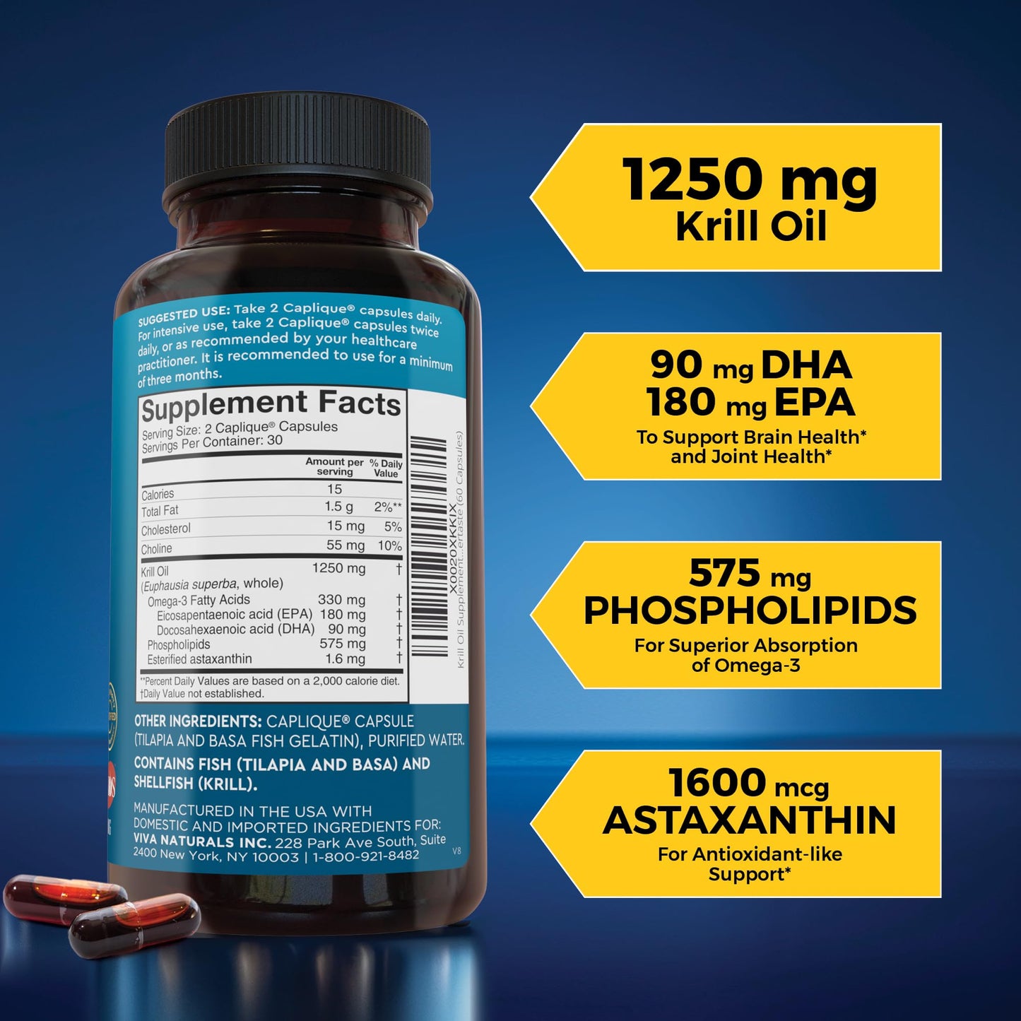 Viva Naturals Antarctic Krill Oil 1250 mg | Omega-3 EPA/DHA + Astaxanthin