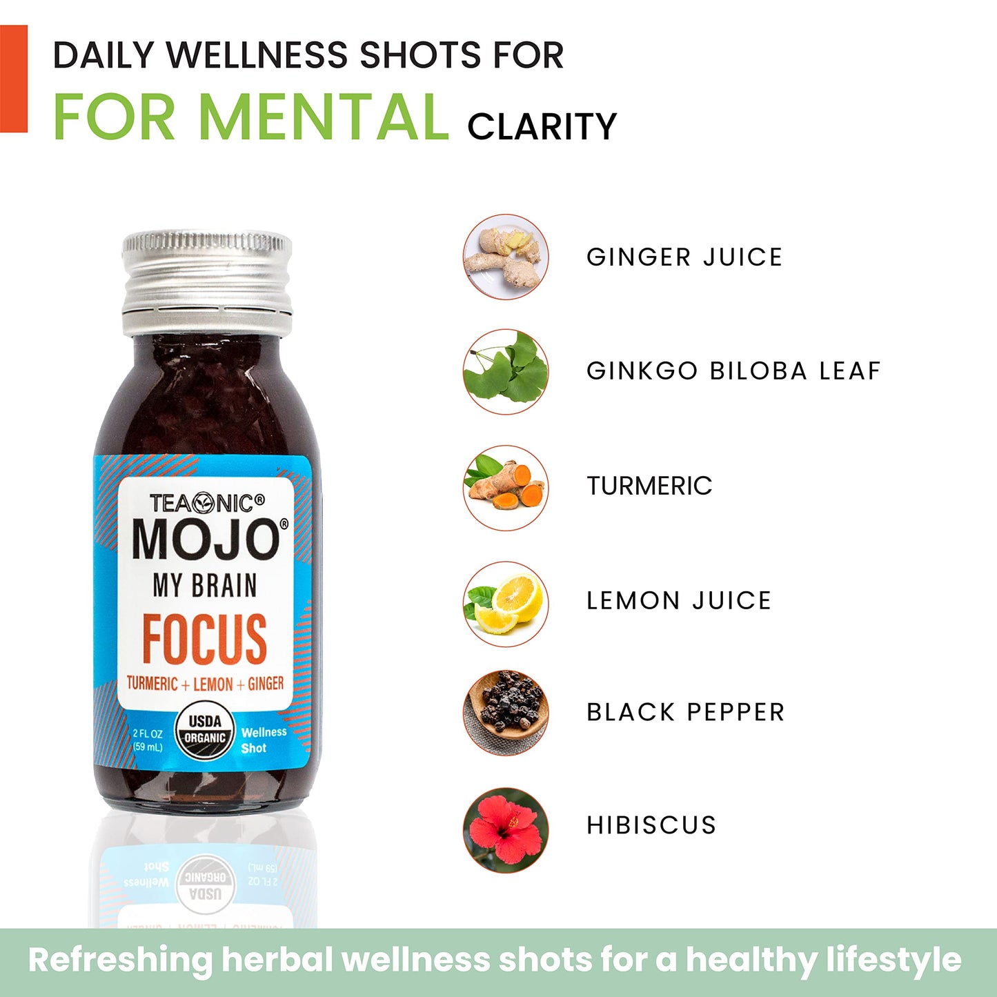 TEAONIC My Brain Mojo Focus Wellness Shots – Vegan, Gluten-Free, Non-GMO (12 x 2 fl oz)
