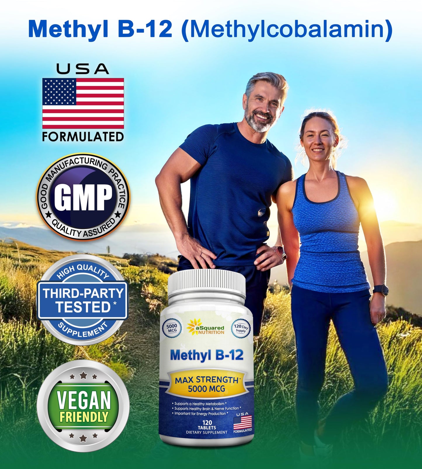 aSquared Nutrition Vitamin B12-5000 mcg (Methylcobalamin) – 120 Tablets | Max Strength Energy, Brain & Heart Support