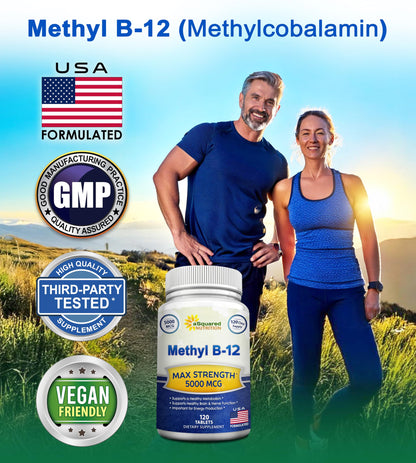 aSquared Nutrition Vitamin B12-5000 mcg (Methylcobalamin) – 120 Tablets | Max Strength Energy, Brain & Heart Support