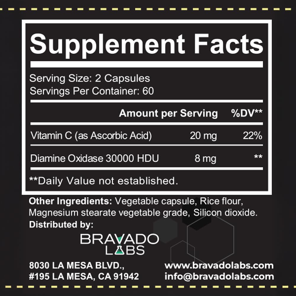 Bravado Labs DAO Histamine Blocker – Extra Potent 30,000 HDU Enzyme, Digest & Immune Support, 120 Caps