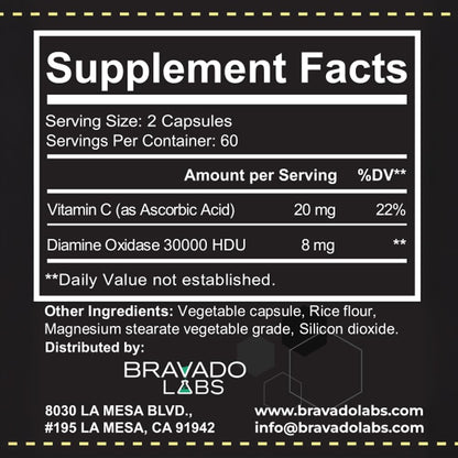 Bravado Labs DAO Histamine Blocker – Extra Potent 30,000 HDU Enzyme, Digest & Immune Support, 120 Caps