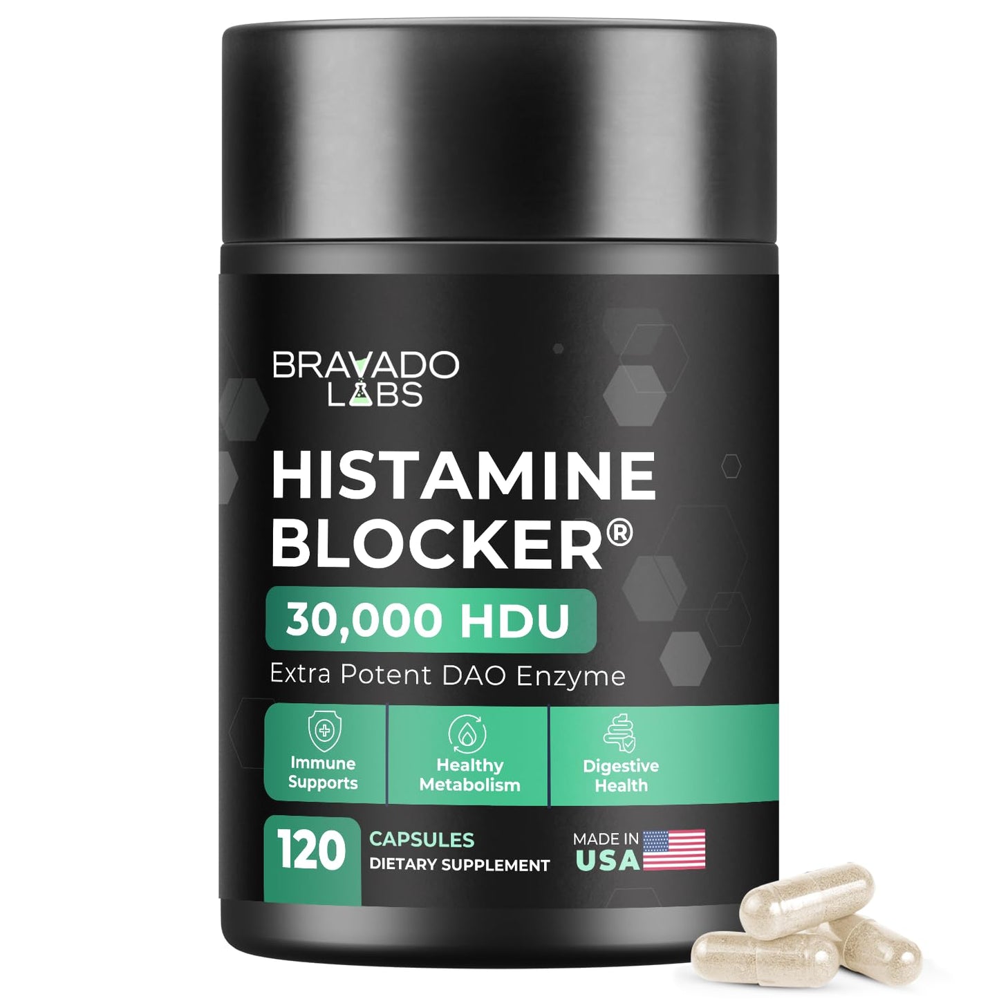 Bravado Labs DAO Histamine Blocker – Extra Potent 30,000 HDU Enzyme, Digest & Immune Support, 120 Caps