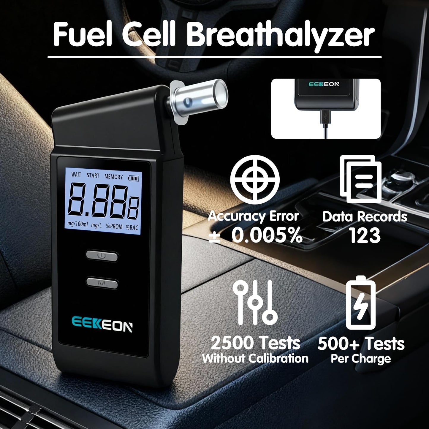 Breathalyzer Fuel Cell Alcohol Tester - Professional-Grade, 3-Color Warning, 123 Records