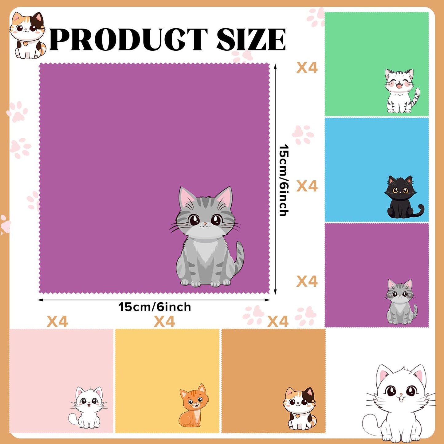 Breling 24 Pack Cat Pattern Microfiber Cleaning Cloths – Glasses & Screen Cleaner (15x15 cm)